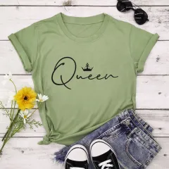 Crown Queen Letter Print O-Neck Loose T-shirt - Green - View 1