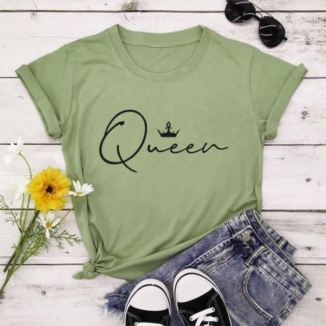 Crown Queen Letter Print O Neck Loose T shirt Green - Shop at LoveMi