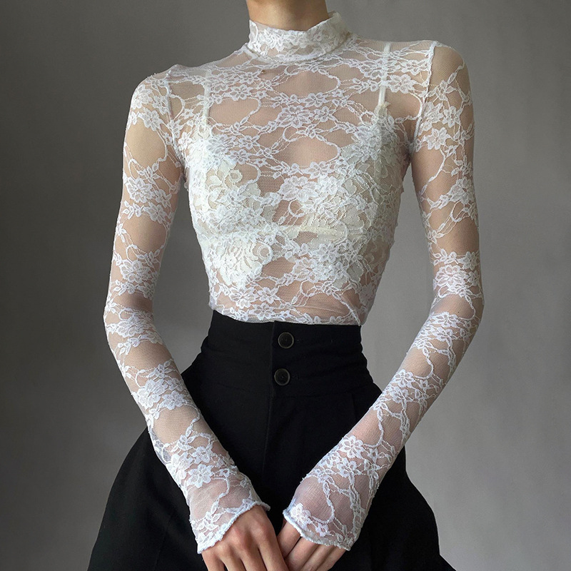 Title 4, Lace Stitching See-through Round Neck Top