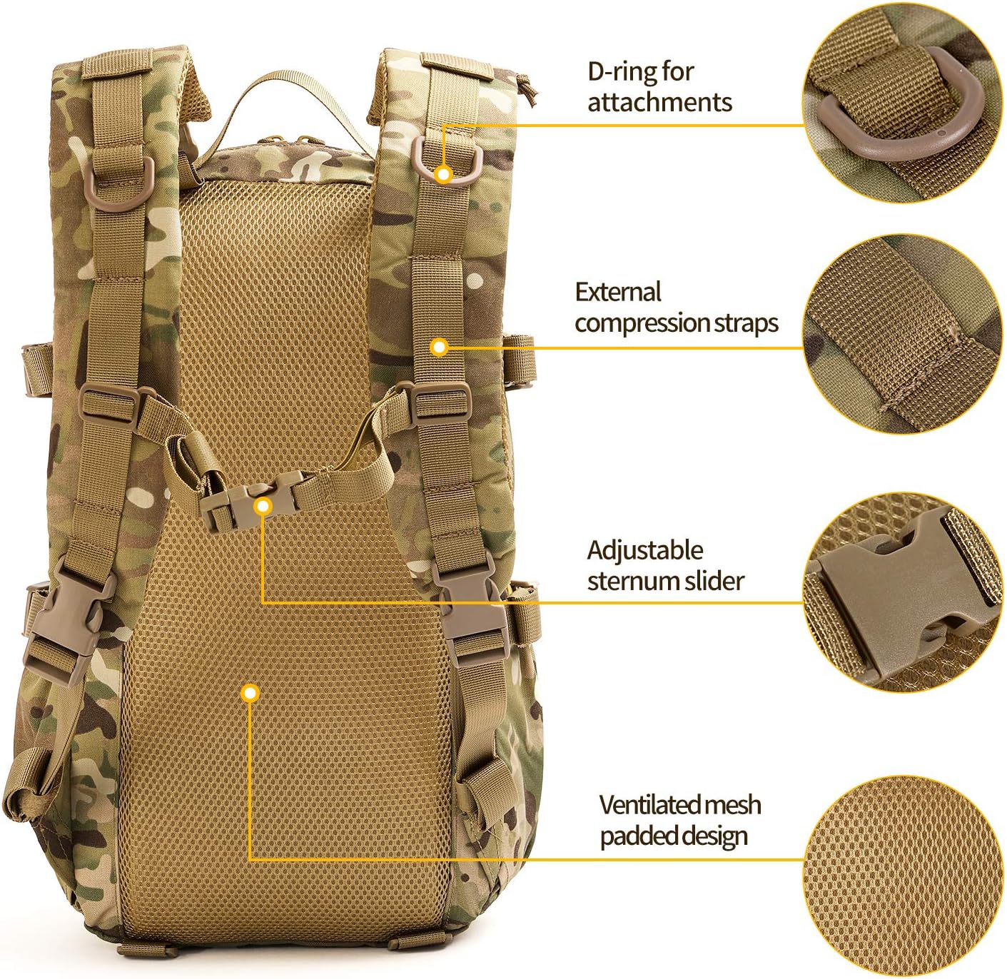 Tactical military hiking backpack pack made from high-strength, water-repellant 500D nylon. Features external front and side web molle, adjustable and detachable shoulder strap, and 20L capacity with multiple compartments. Ideal for outdoor activities suc