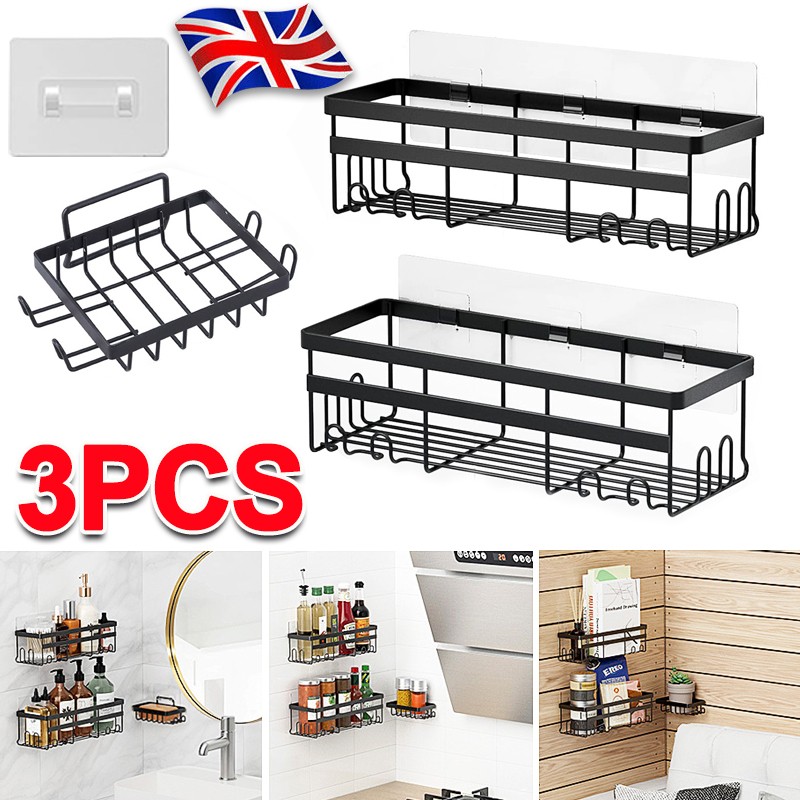 3x Self Adhesive Bathroom Shower Caddy Shelf Rack Storage Black Stainless Steel — image 6