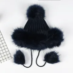 Women's Temperament With A Hundred Plus Thickened Fur Ball Hat - Navy - View 1