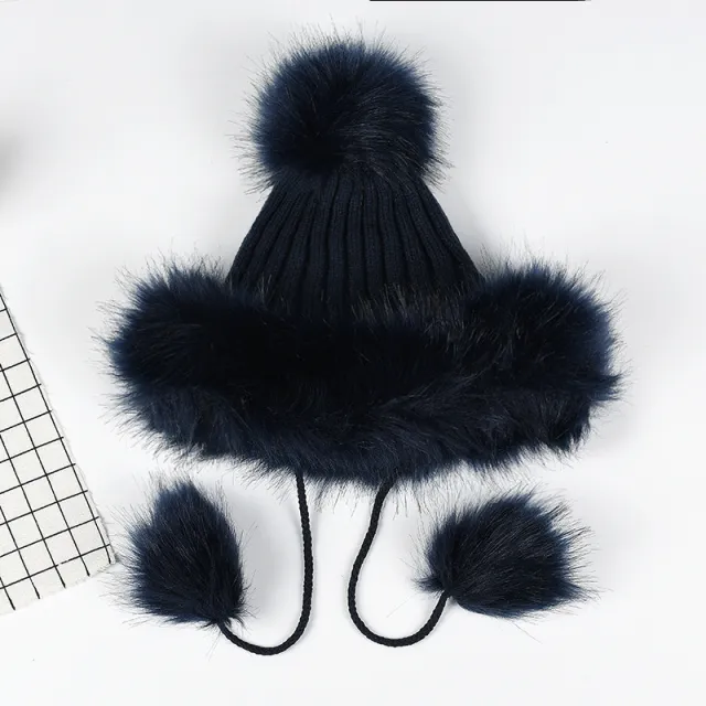 Women's Temperament With A Hundred Plus Thickened Fur Ball Hat Navy - Shop at LoveMi