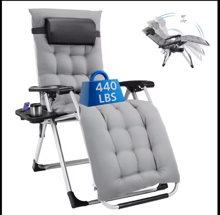 Oversized Zero Gravity Recliner  Padded Folding Lounge Chair With Cup Holder