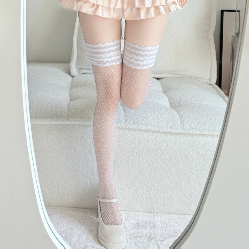 In Stock Long Tube Mesh Socks, Japanese Style Polka Dot Lace Over-the-Knee Fishnet Stockings