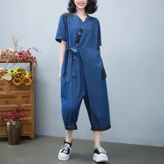Women's Fashion Drawstring Denim Jumpsuit - Blue - View 1
