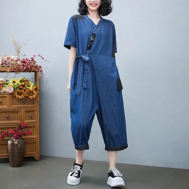 Women's Fashion Drawstring Denim Jumpsuit Blue - Shop at LoveMi