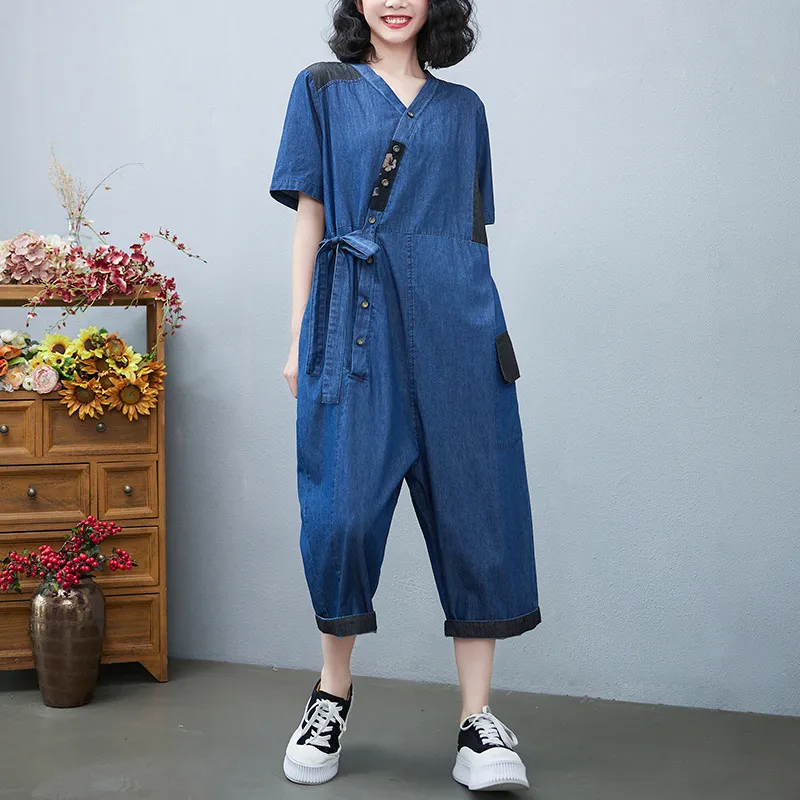 Women's Fashion Drawstring Denim Jumpsuit - Blue