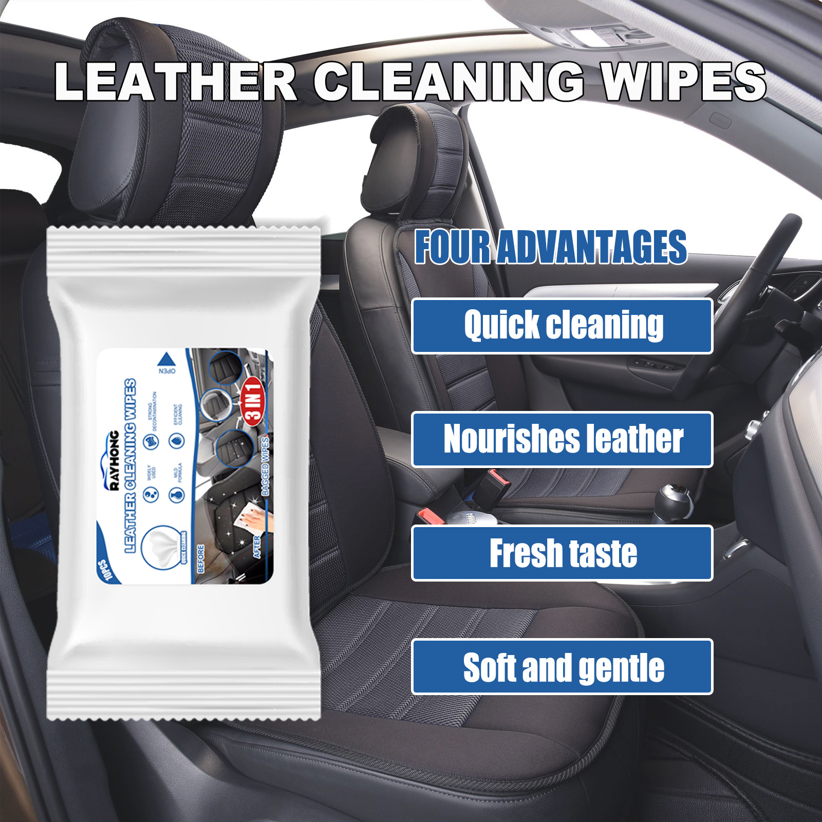 Lingettes nettoyantes sans eau pour cuir voiture (10 pièces) 2