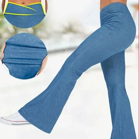 Solid Color High Waist Cross Stretch Denim Casual Sports Bell bottom Pants Light Blue - Shop at LoveMi