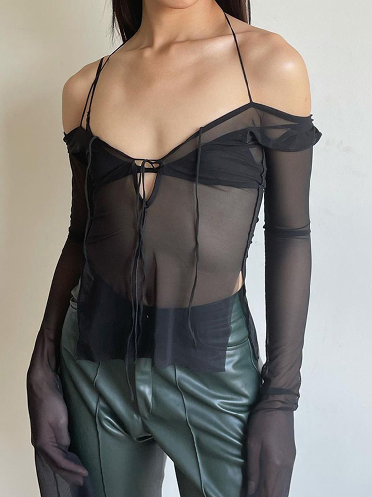 Halter Perspective Slit Long Sleeved Blouse