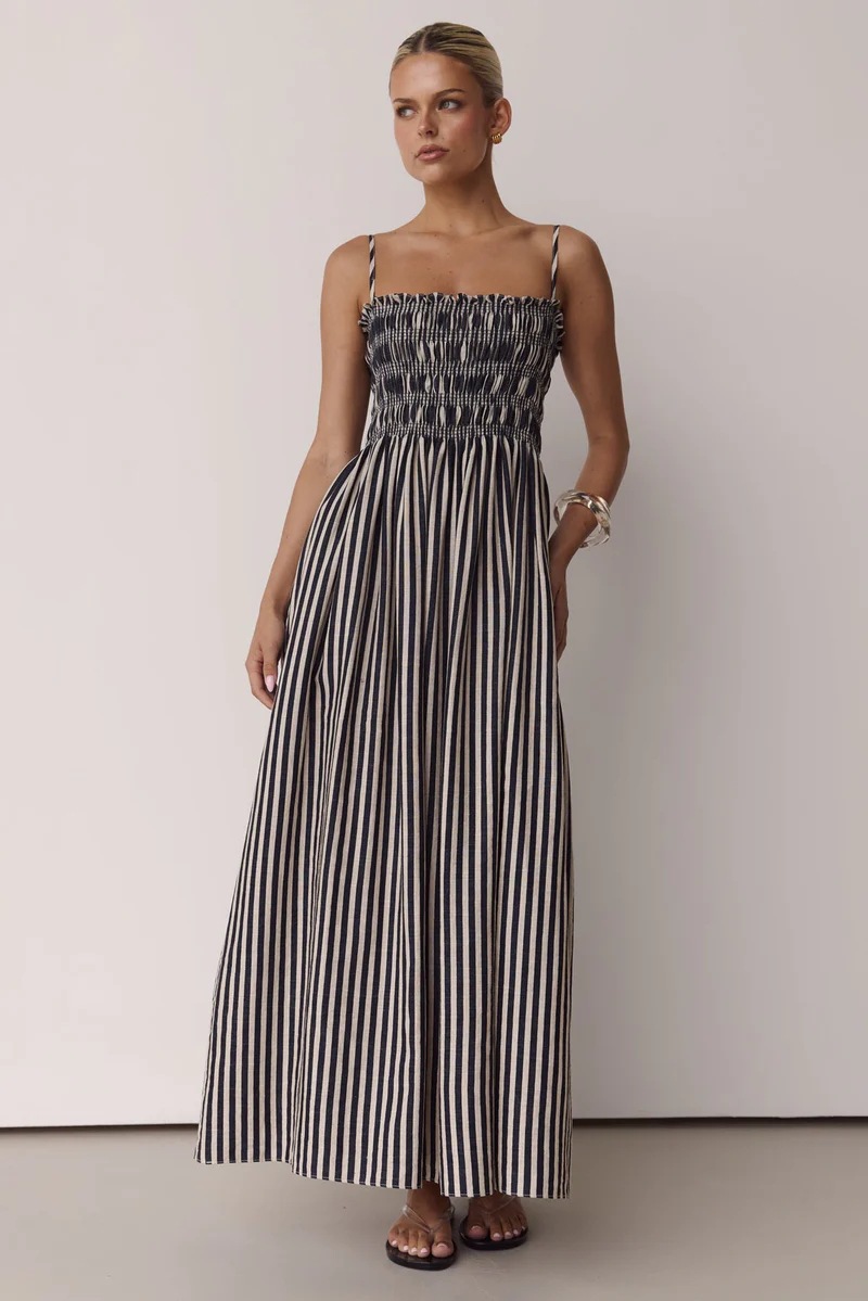 Black And White Striped Smocked Bust A-Line Maxi Dress