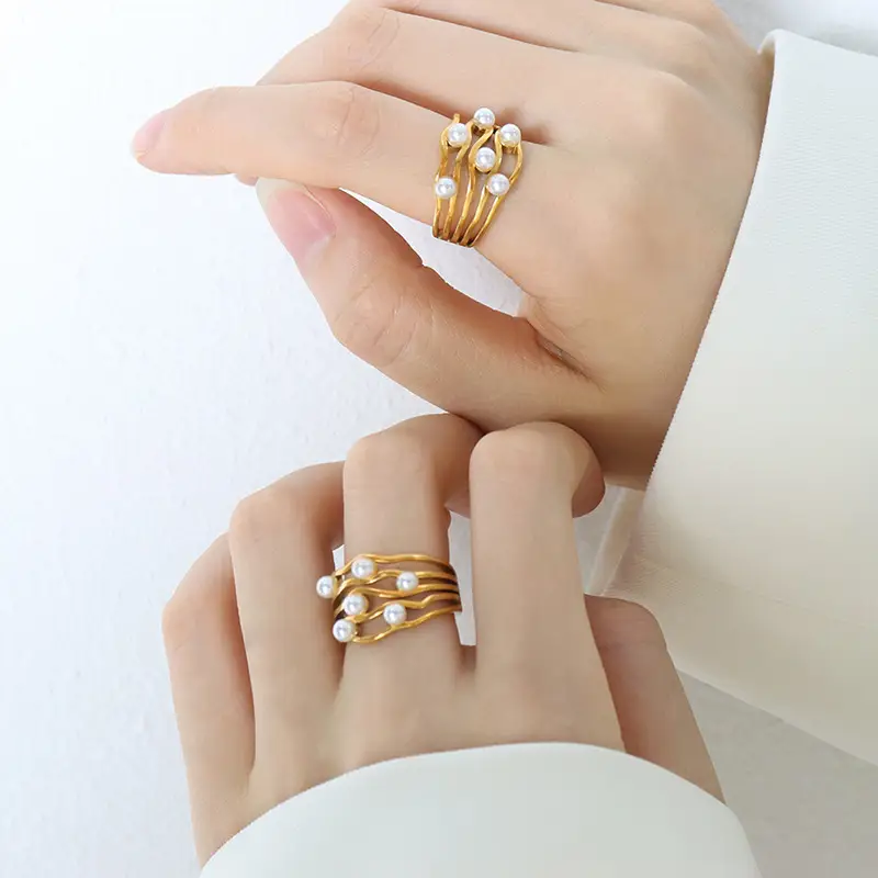 Vintage Ripple Wave Pearl Ring Titanium Steel Gilding