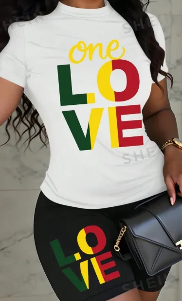 Women's LOVE Slogan Digital Print Short Sleeve T Shirt And Shorts Comfy Lounge Set White - Shop at LoveMi