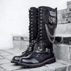 High Riding Boots Men's Frosted Locomotive Long Barrel Rock Punk - Black - View 1