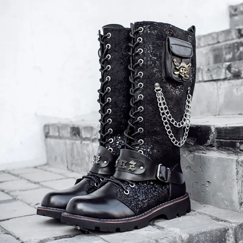 High Riding Boots Men's Frosted Locomotive Long Barrel Rock Punk - Black