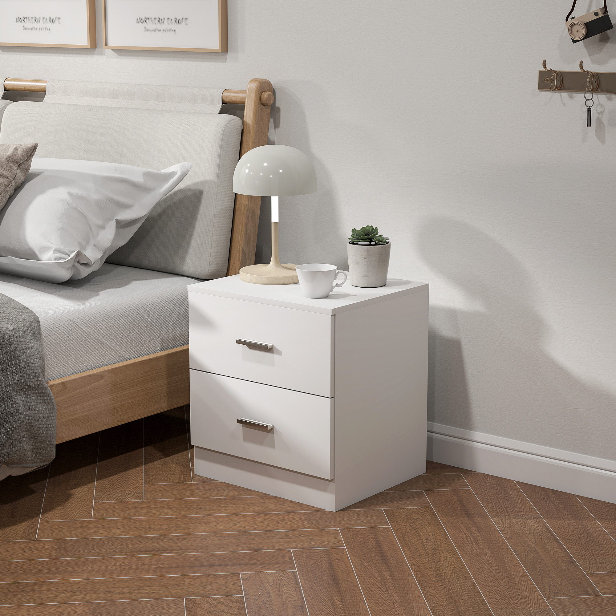 Bedside Table, Small With 2 Drawers And Storage Rack, Modern Bedroom White — image 7