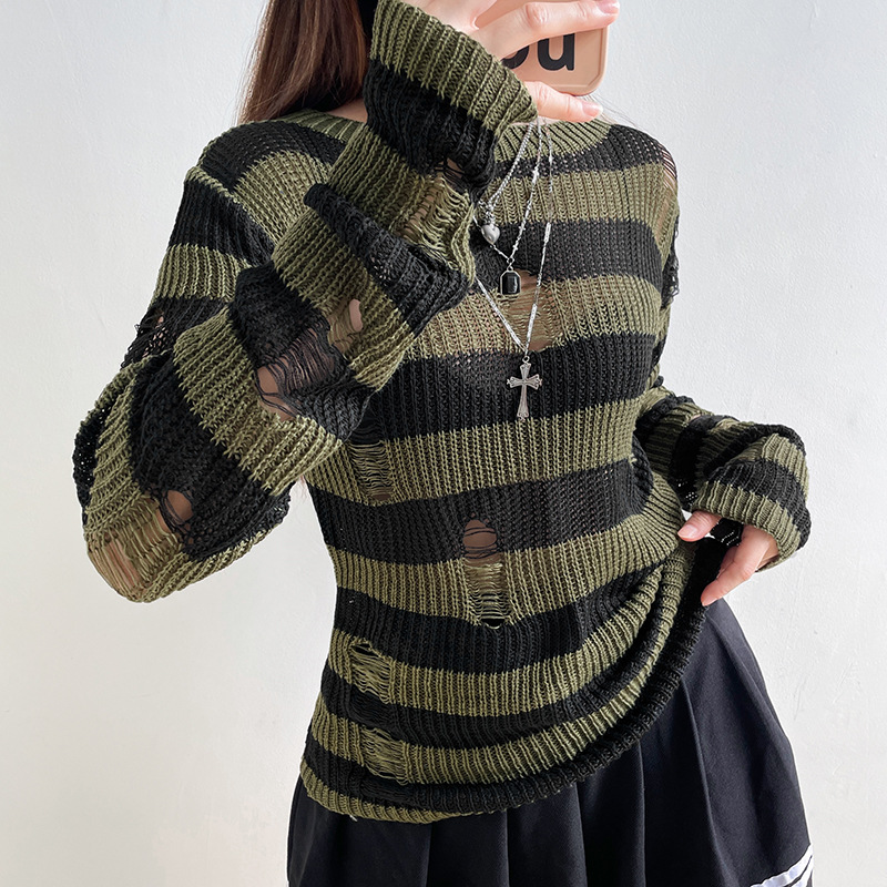 European And American Street Girls' Striped Woven Torn Coat Of Qiusen Department