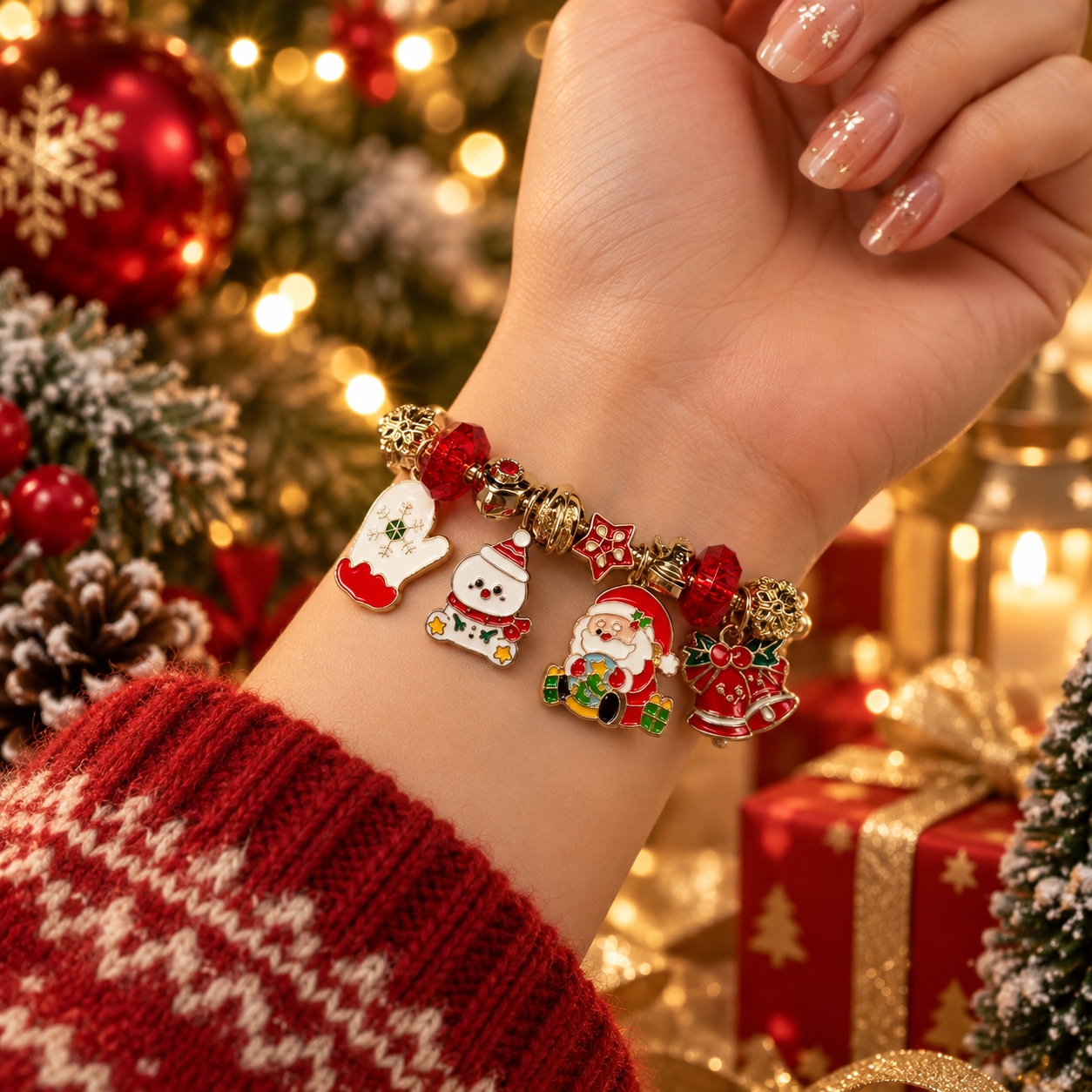 1 buc brățară drăguță cu talismane de Crăciun Gold Snake Chain Enamel Santa Claus Snowman Bell Mitten Glass Beads Holiday Xmas Jewelry Women