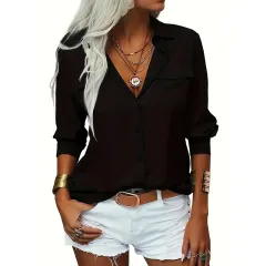 Women's Solid Colour Lapel Long Sleeve Shirt Classic Button-Down Blouse With Chest Pocket For Spring And Fall - Black - View 1