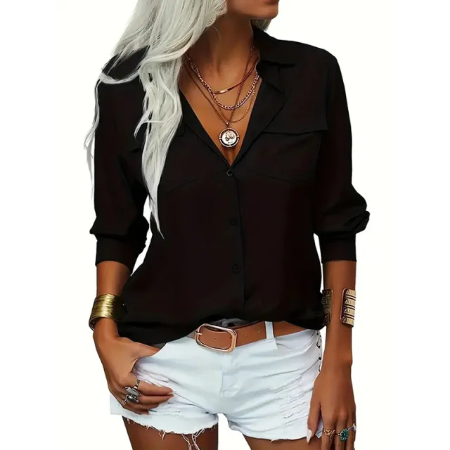 Women's Solid Color Lapel Long Sleeve Shirt Classic Button Down Blouse With Chest Pocket For Spring And Fall Black - Shop at LoveMi