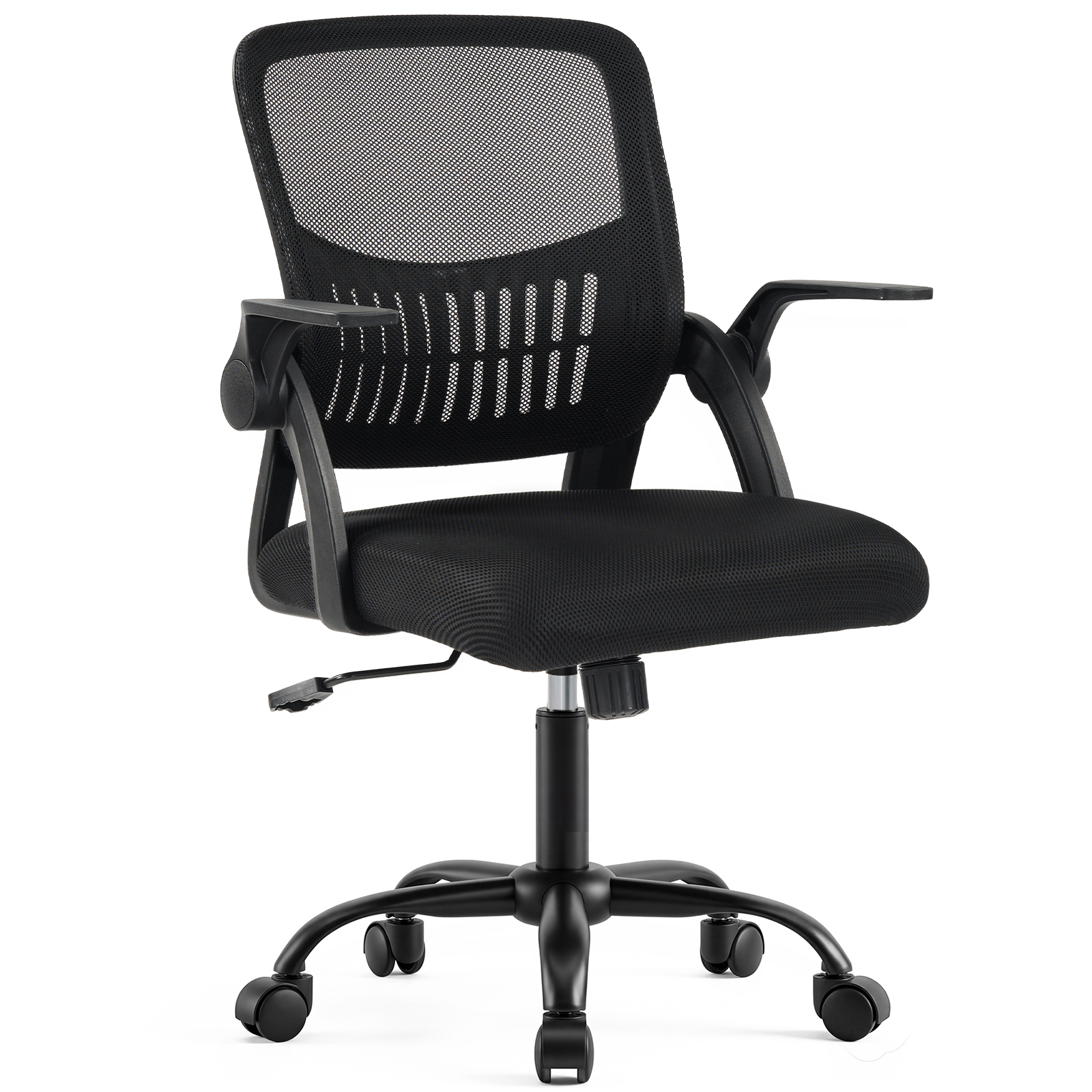 The Flip-up Armrest Fabric Computer Desk Chair With Adjustable Rotating Backrest Offers Comfortable Lumbar Support.