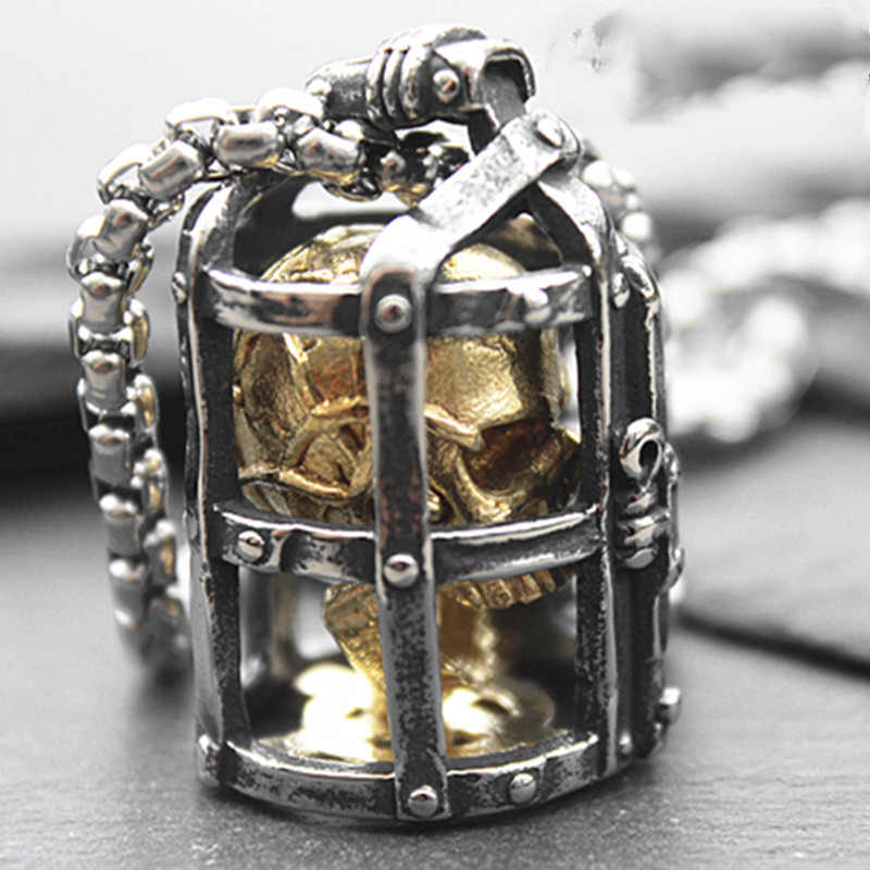 Birdcage Brass Gold Plated Screaming Skull Pendant Necklace