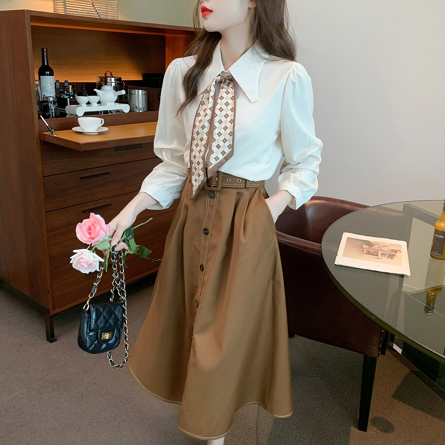 Women's Fashion Temperament Long-sleeved Shirt And Half-body Skirt Two-piece