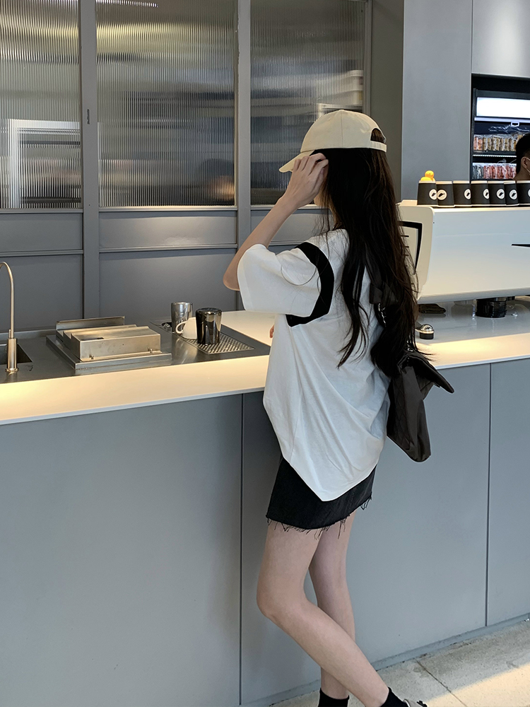 Couple Short-sleeved T-shirt Women Summer Thin Cool Comic Print Bottoming Shirt Hit Color Chic Top