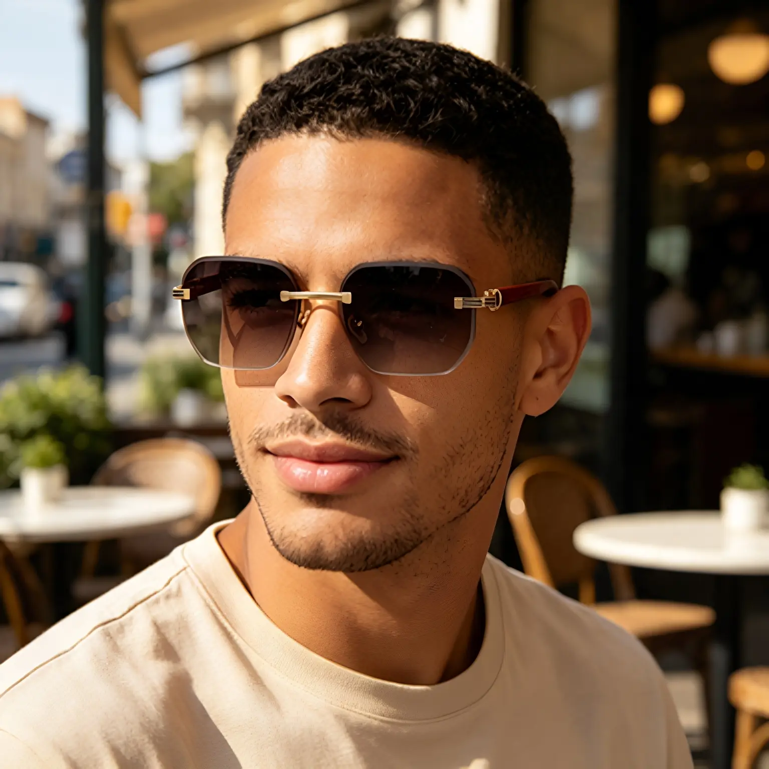 Rimless Glasses For Men, High-End European And American Retro Style, Imitation Wood Grain Temples, Sunglasses, Uv Protection, Personalized Sunglasses