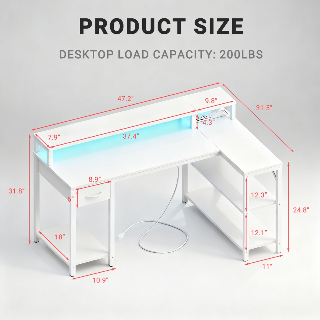 53-inch Gaming Table With USB Charging Port And LED Light, Reversible L-shaped Table With Power Socket And Monitor Stand image 27