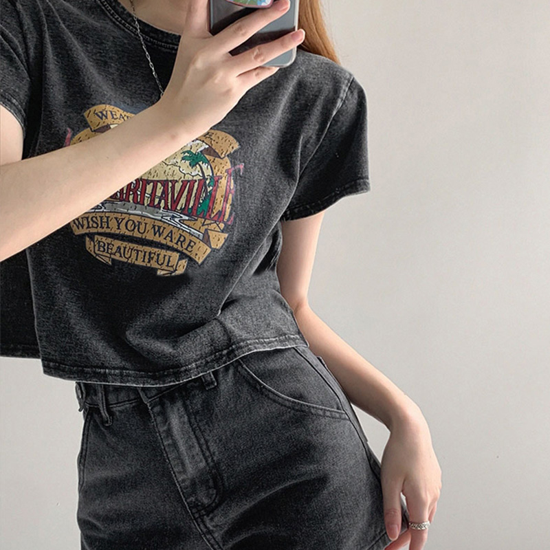 Women's Thin High Waist Cropped Navel Short Sleeve T-shirt