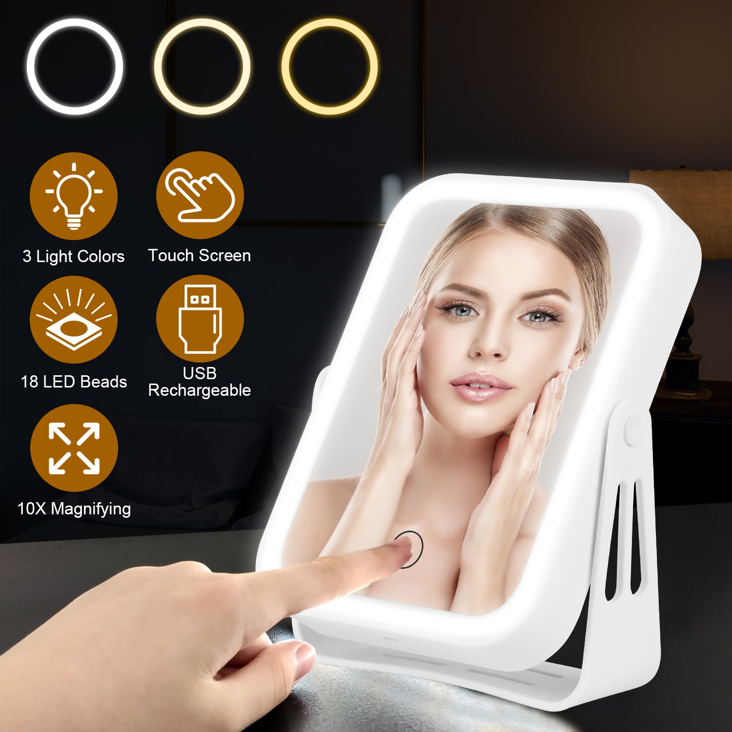 1Pc 10X Magnifying Lighted Makeup Mirror Double Sided Travel Makeup Mirror With 3 Light Colors Touch Screen USB Rechargeable