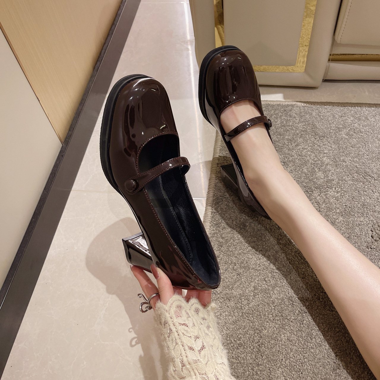 Women's Retro Medium Thick Heels Mary Jane Shoes Brown - Shop at LoveMi