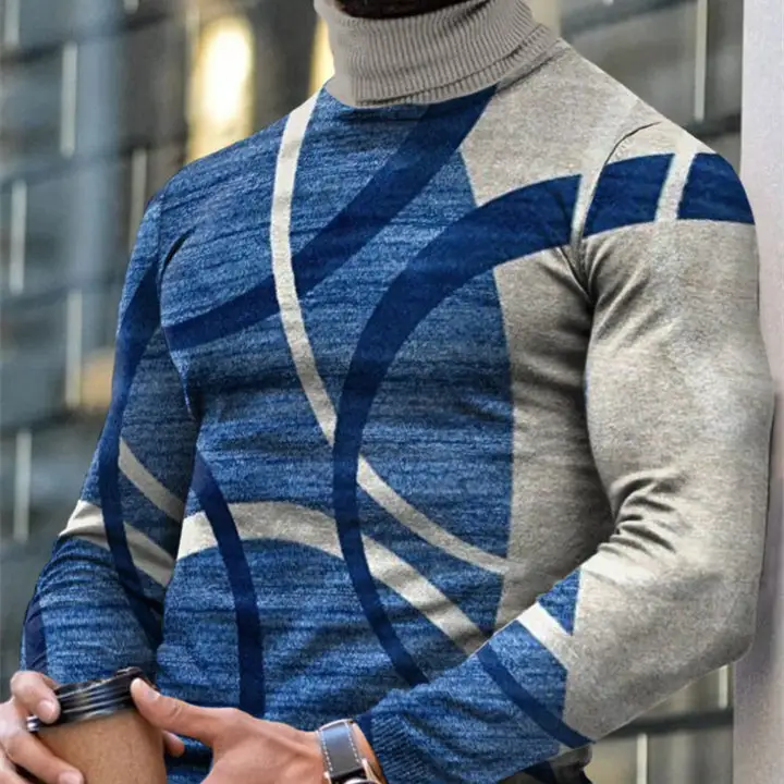 Autumn Winter Men's Long Sleeve Turtleneck T Shirt Printed Casual Top
