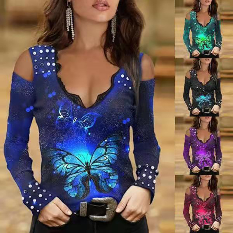 Title 2, V-neck Lace Long-sleeved Butterfly Print Gradie...