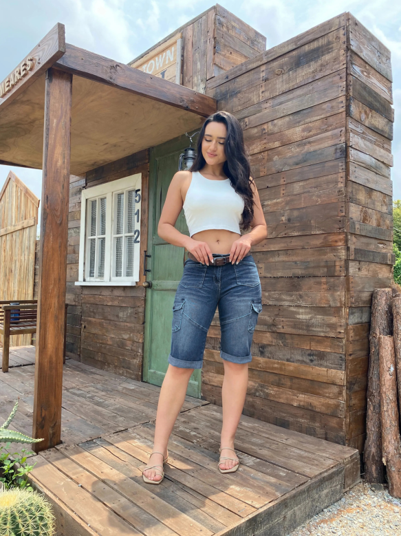 Women's Mid Rise Cargo Bermuda Shorts, Relaxed Fit Knee Length Jean Shorts With Large Utility Pockets And A Frayed Hem, Light Wash Denim For A Y2K ... Blue - Shop at LoveMi