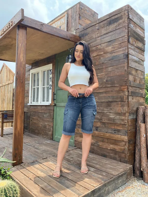 Women's Mid Rise Cargo Bermuda Shorts, Relaxed Fit Knee Length Jean Shorts With Large Utility Pockets And A Frayed Hem, Light Wash Denim For A Y2K ... Blue - Shop at LoveMi