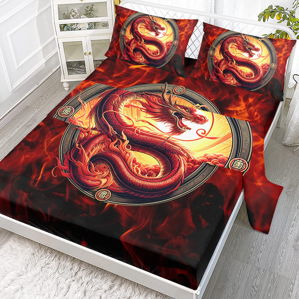 3D Dragon Gifts Flat Sheet Set Red Dragon Sheet Set For Kids Boys Girls Room Decor, Wildlife Pattern Bed Cover