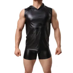 Men's Fashion Casual Faux Leather Tank Top Shorts - Hooded Leather Vest - View 1