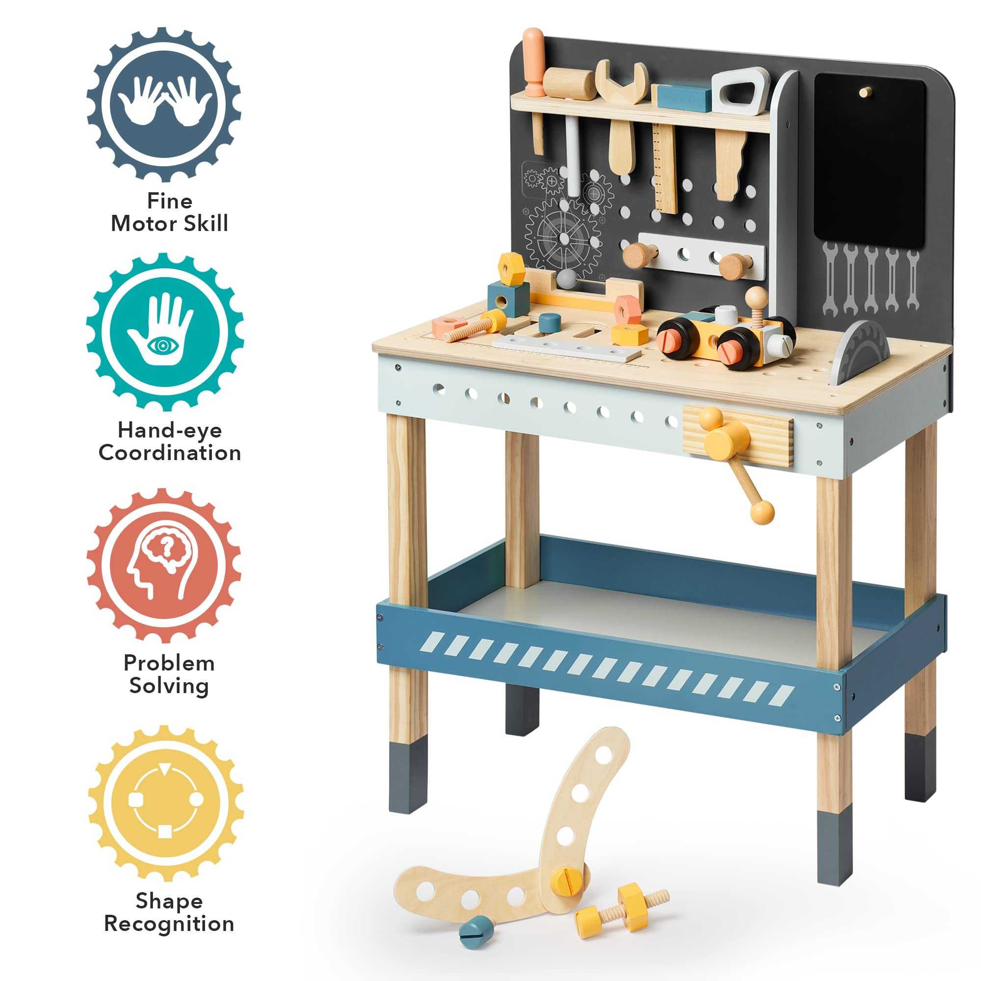 Kids Wooden Tool Bench with Tools Set Wooden Baby Workbench Workshop Brand Name ROBOTIME Material Wood Size 22 x 11.8 x 33.9 inches Weight 14.56 pounds Product Features Education and Games Safety instrument Wooden worktable set with tools Large storage sp