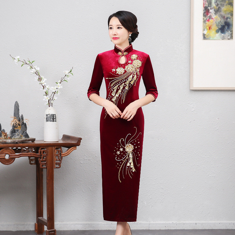 Beaded Long Cheongsam Dress, picture 3 of 7