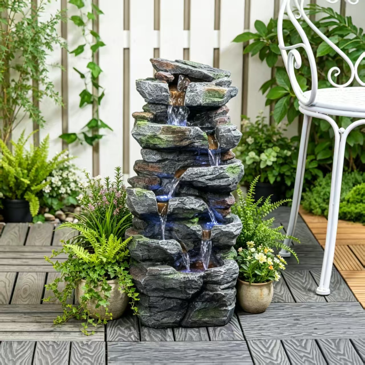 Rock Waterfall Outdoor Fountain With LED Lights Stone Garden Fountains Outdoor For Patio Lawn Cascading Tiered Outdoor Water Fountain — foto 12
