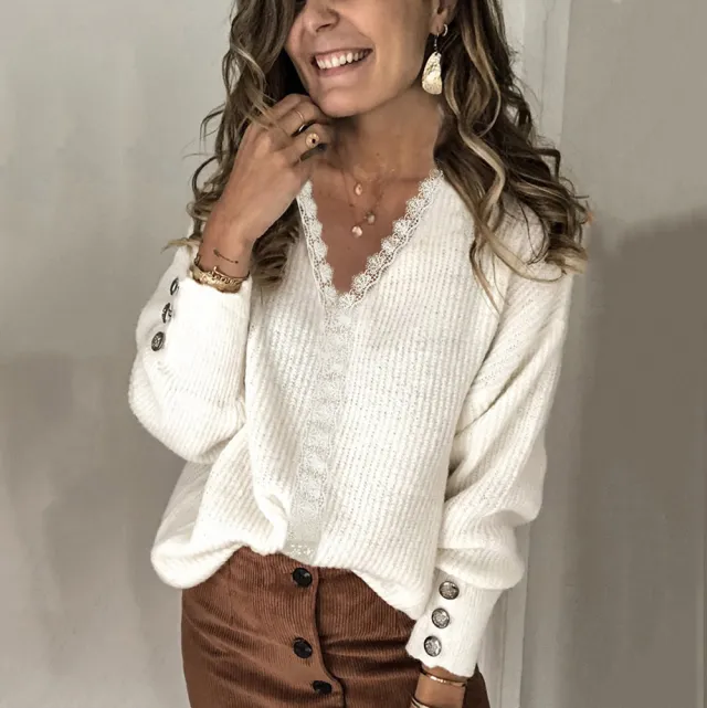 Women's Loose Long Sleeve Lace V neck Coat Sweater White - Shop at LoveMi