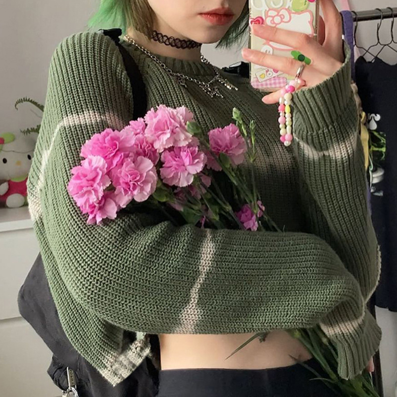 Avocado Green Tie-DyeCasual Loose Long Sleeve Pullover Short Knit Sweater