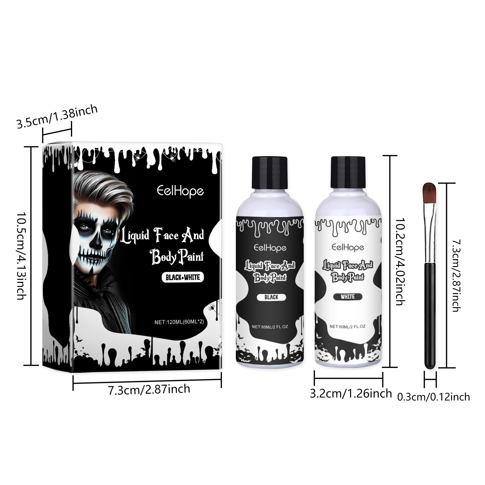 Halloween Black White Liquid Face Body Paint, Quick Dry Face Painting Kit With Brush, Long Lasting Face Paint For Halloween Skeleton Cosplay