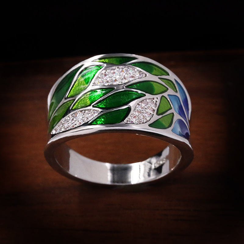 European And American Silver Female Ring Colorful Enamel Flowers Fashion Personality Jewelry