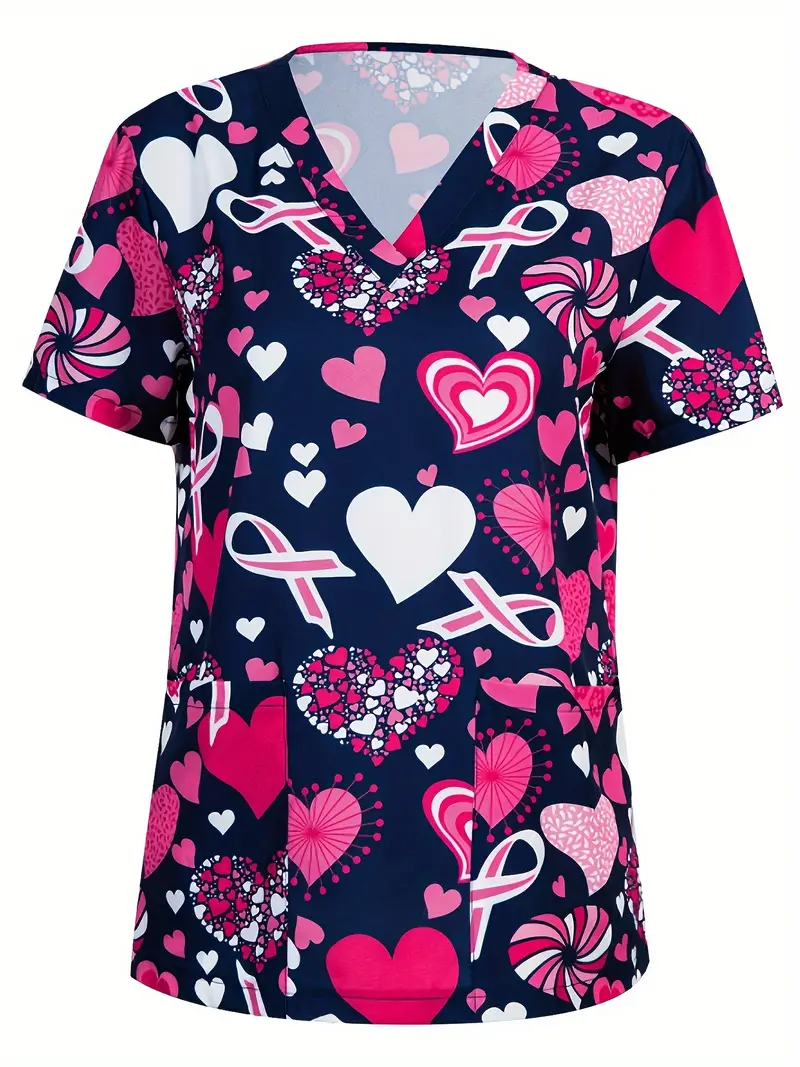 Plus Size Women's Vibrant Print Scrub Top Casual V-Neck Short Sleeve