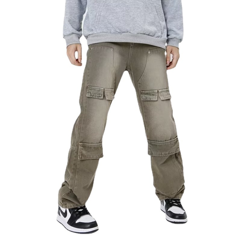 Men's Fashion Casual Vintage Do-over Multi-pocket Washed Jeans - Image 4