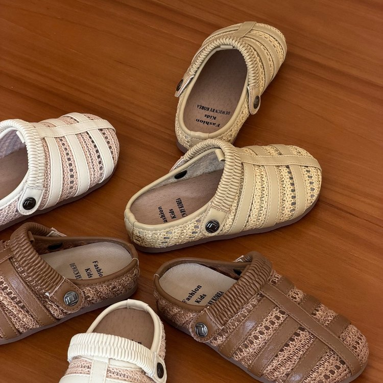 2026 Spring New Kids Half Sandals, Woven Hollow Design Soft Flat Closed Toe Slippers For Boys And Girls